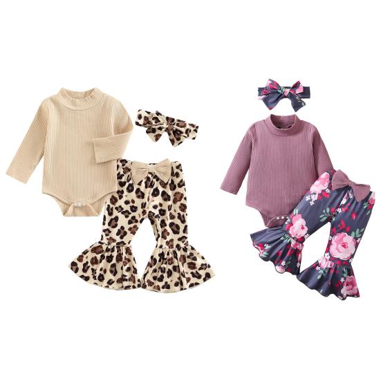 3 Pcs/Set Children Top Pants Headband Suit for 0-24 Months Floral Printing Flared