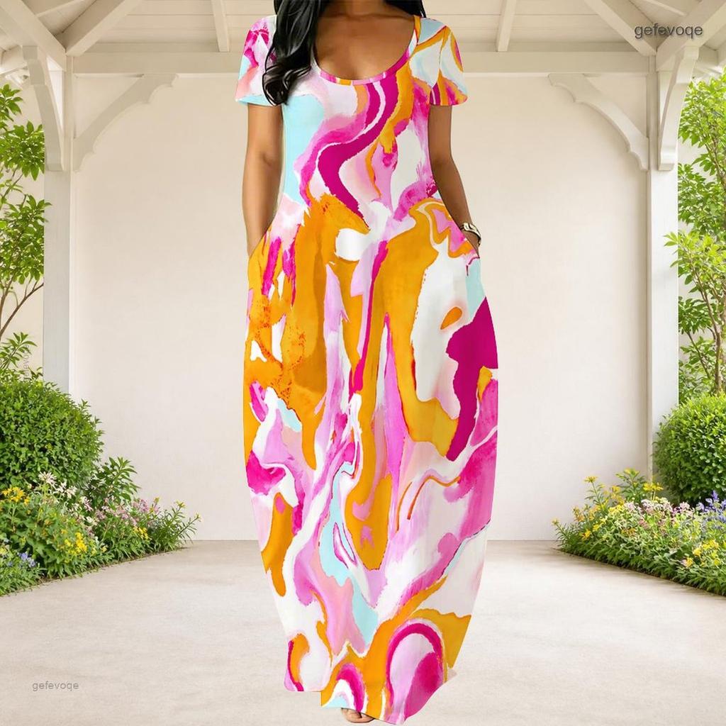 Women Plus Size Round Neck Short Sleeve Blue White Printed Loose Maxi Dress With Side Pockets