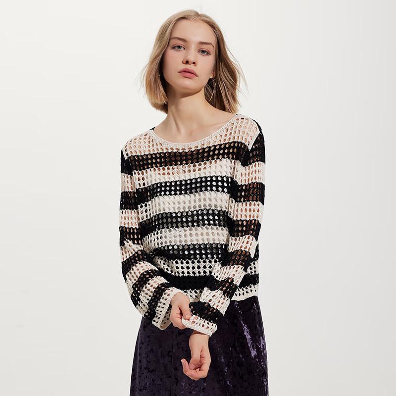 Women's Striped Hollow-Out Long-Sleeve Knit Top