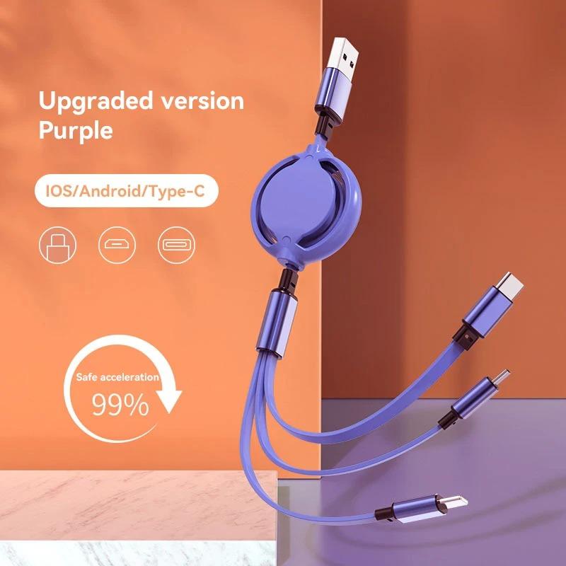 2025 New 3 in1 Data Cable Fast USB Cable For Huawei Honor Retractable Portable Micro USB Type C Charger Cable For IOS Samsung