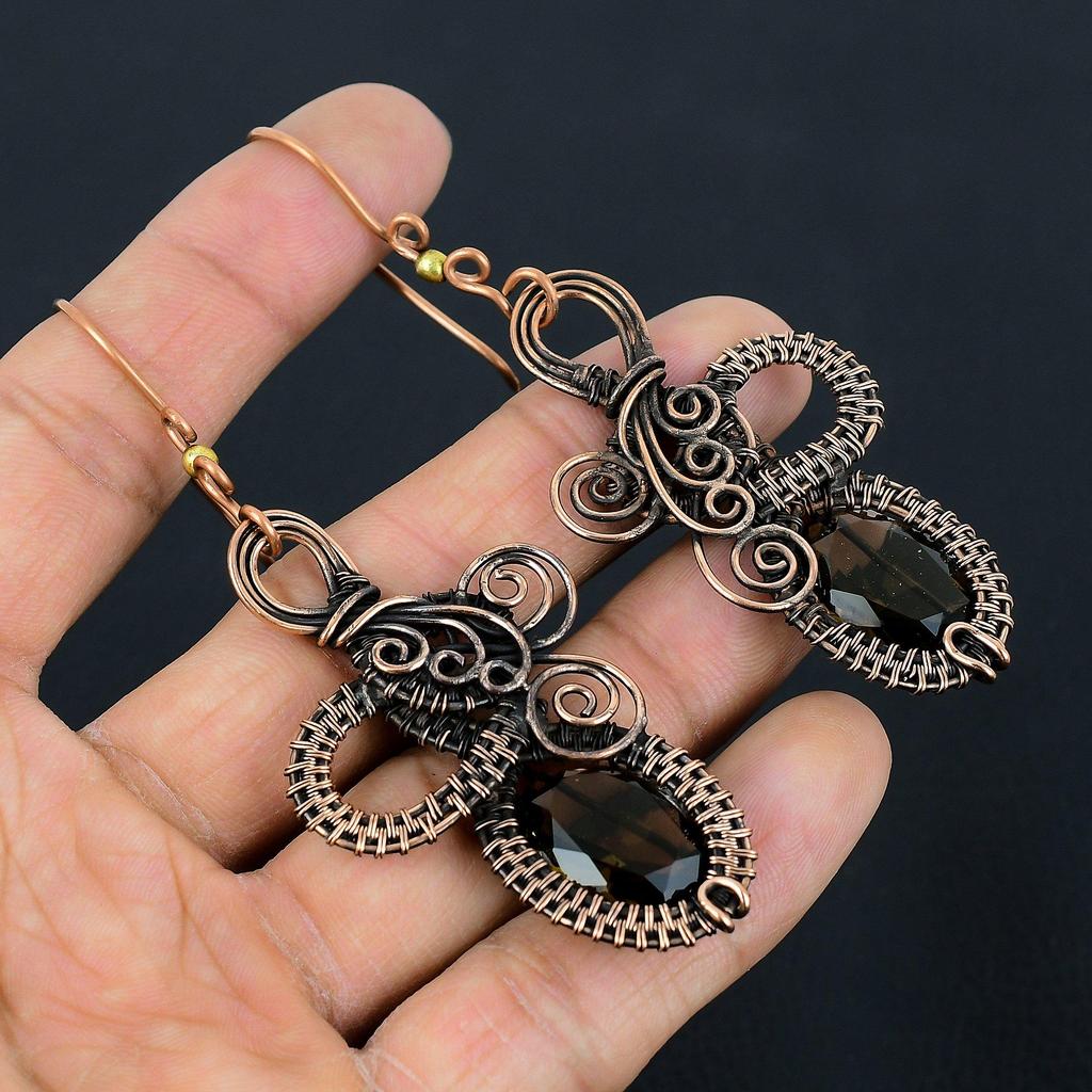 Smoky Topaz Earrings Gemstone Jewelry, 999 Copper Wire Wrapped Earrings, Handmade Beautiful Jewelry Earrings