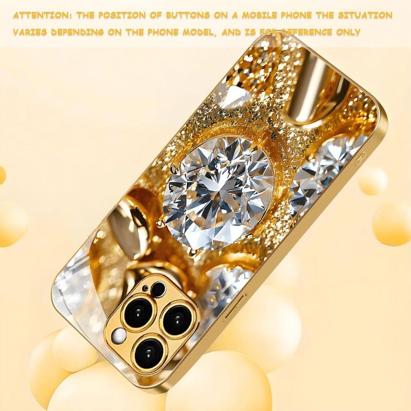 Sparkling Gold-Plated Diamond Jewelry New Electroplated Gold Tempered Glass Phone Case for iPhone 17 16 15 14 13 12 11,etc