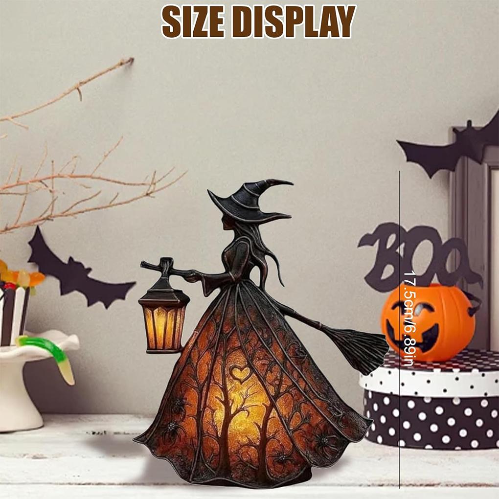 2025 Neue Harz Halloween Hexe mit Besen und Laternenlicht, Desktop Leuchtende Deko für Indoor Party, Gruseliger Heim Festival Akzent