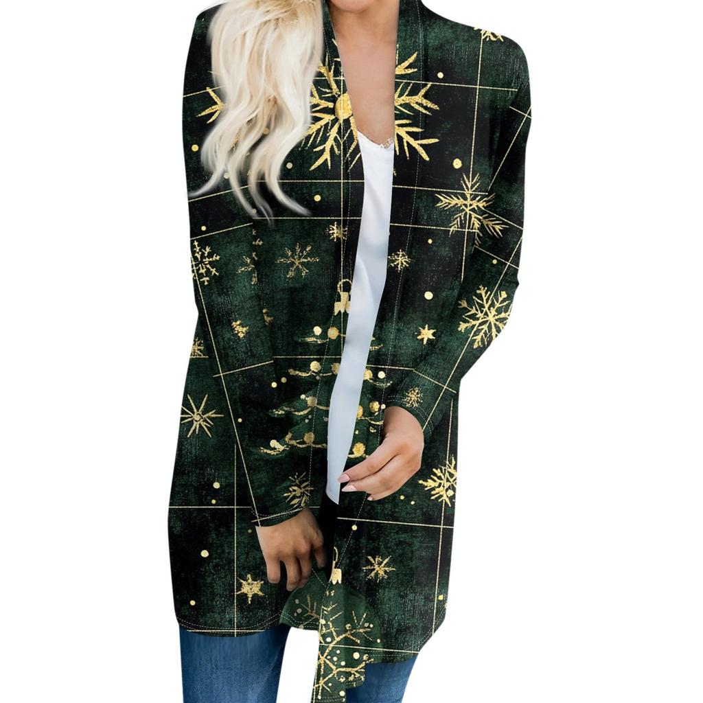 Women's Fashionable And Casual Christmas Printed Mid Length Cardigan Long Sleeved Jacket