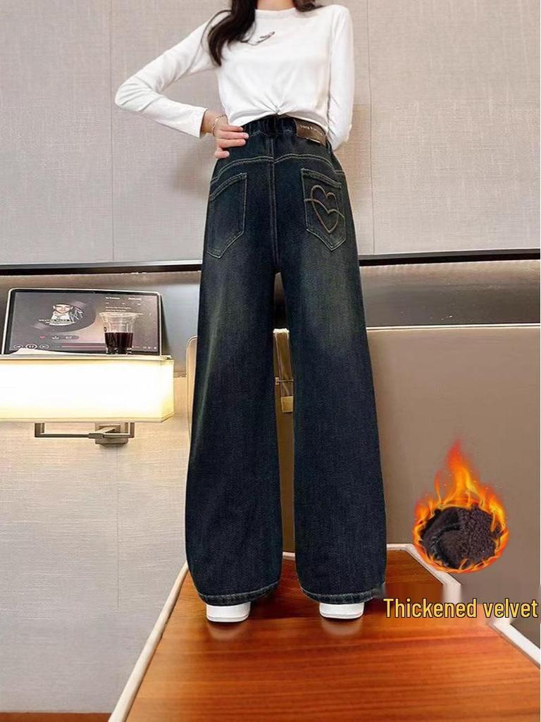 Girls' Fleece-Lined Wide-Leg Winter Jeans: 2025 New Style, Thickened & Warm for Middle To Big Kids