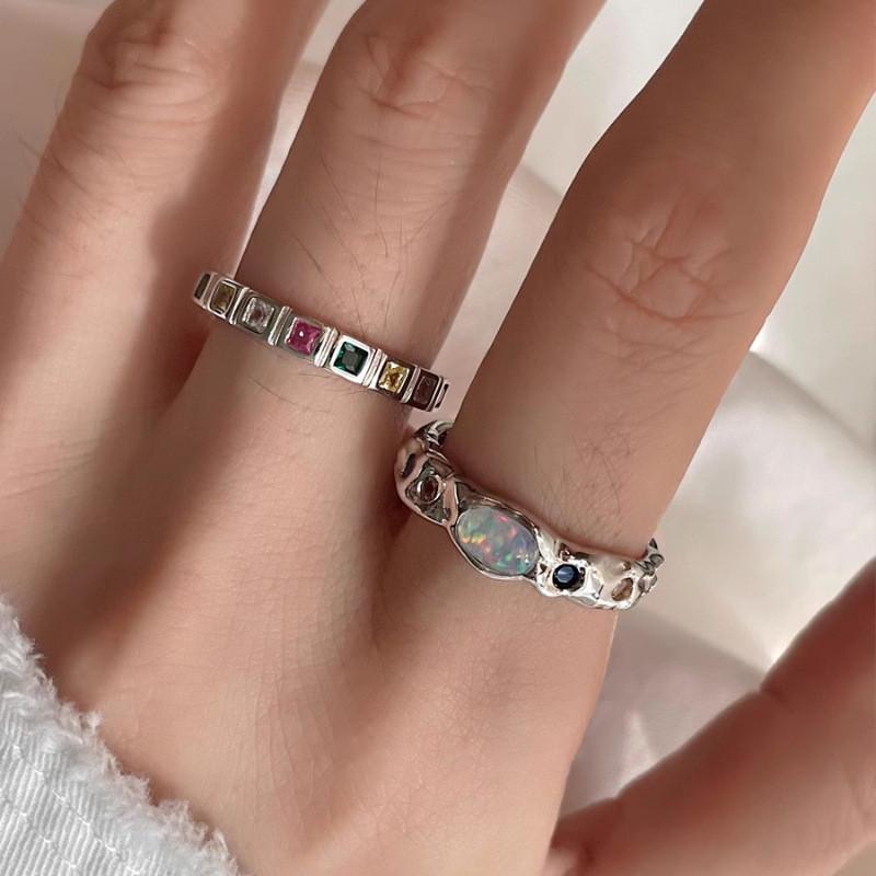 Stylish Opal Stone Seven Color Diamond Ring For Women Contemporary Fashionable Open Design