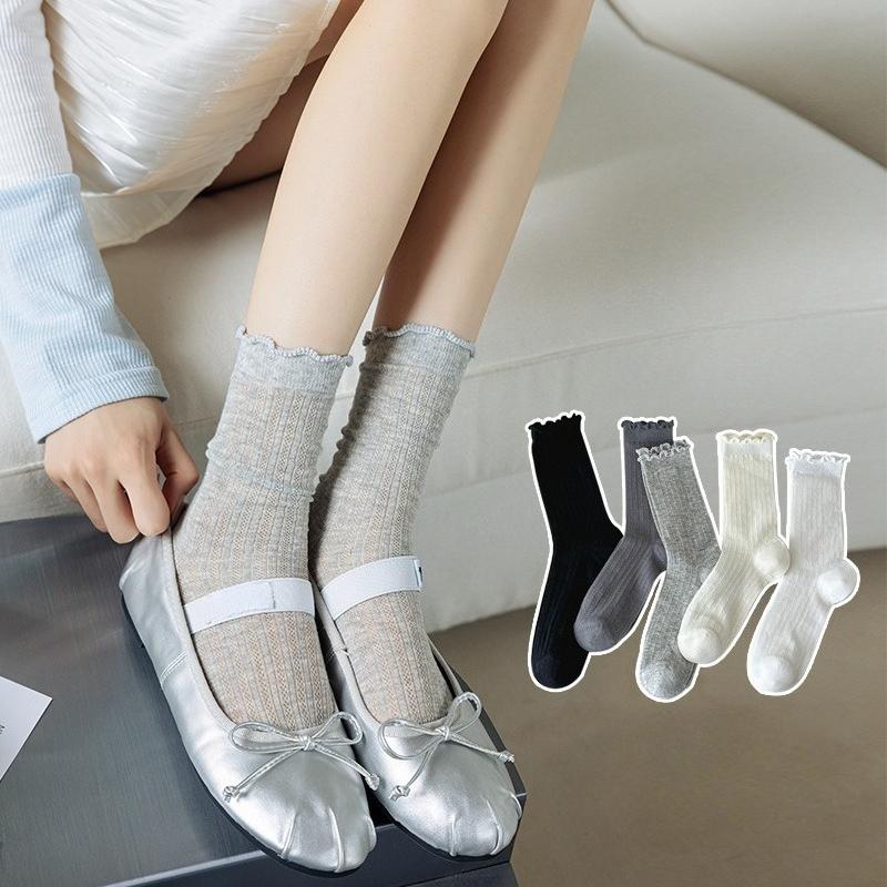 Summer Solid Color Mesh Middle Tube Women Socks Lightweight Breathable Fashion Versatile Ruffle Ballet Style Lolita Girls Socks