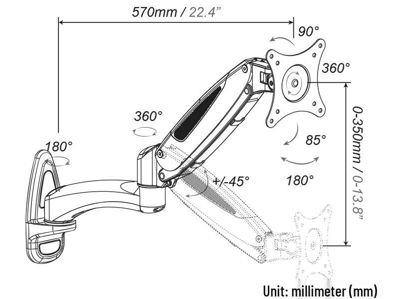 Gibbon 27" Plynový pružinový volně vznášející se nástěnný držák GM112W pro monitory