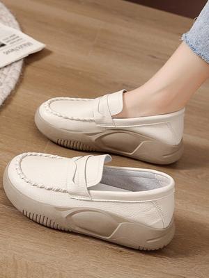 Woman Footwear Low Leather High On Platform Shoes for Women Loafers White Casual Daily Routine Autumn Offer Korean Fashion 2024