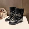 Pointed rivet short boots women's summer new black belt buckle stacking boots retro knight boots western style