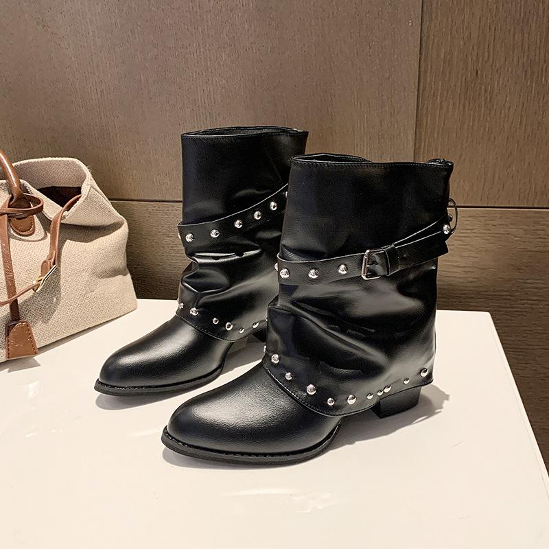Pointed rivet short boots women's summer new black belt buckle stacking boots retro knight boots western style