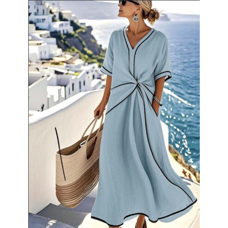 Women's Boho Contrast Trim Maxi Dress V Neck Short Sleeve Twist Waist Loose Elegant Summer Casual Office Vacation Long Dress