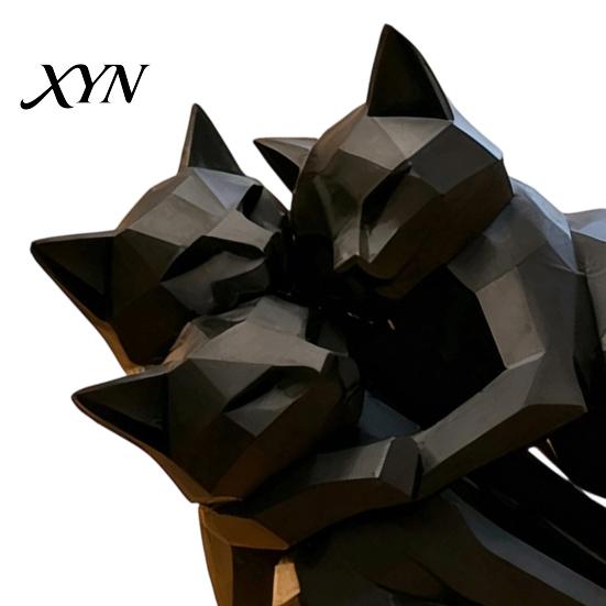 Animal Shape Sculpture 3D Printed Black Cat Figurine, Three Hugging Geometric Statue, Modern Statue for Home Office Bookshelf