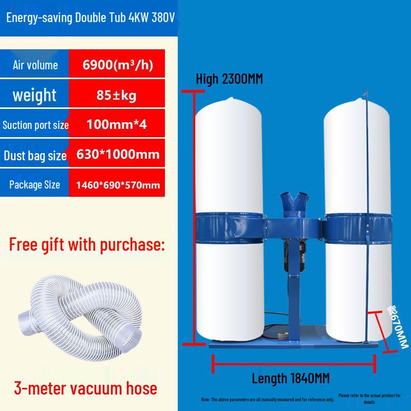 Industrial Woodworking Dust Collector: High-Power Vacuum with Bag Filter for Workshop and Engraving Machine.
