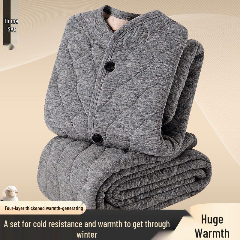 Men's Winter Plush Jacket & Pants Set - Thickened Cotton Outerwear for Middle-aged & Elderly Warmth