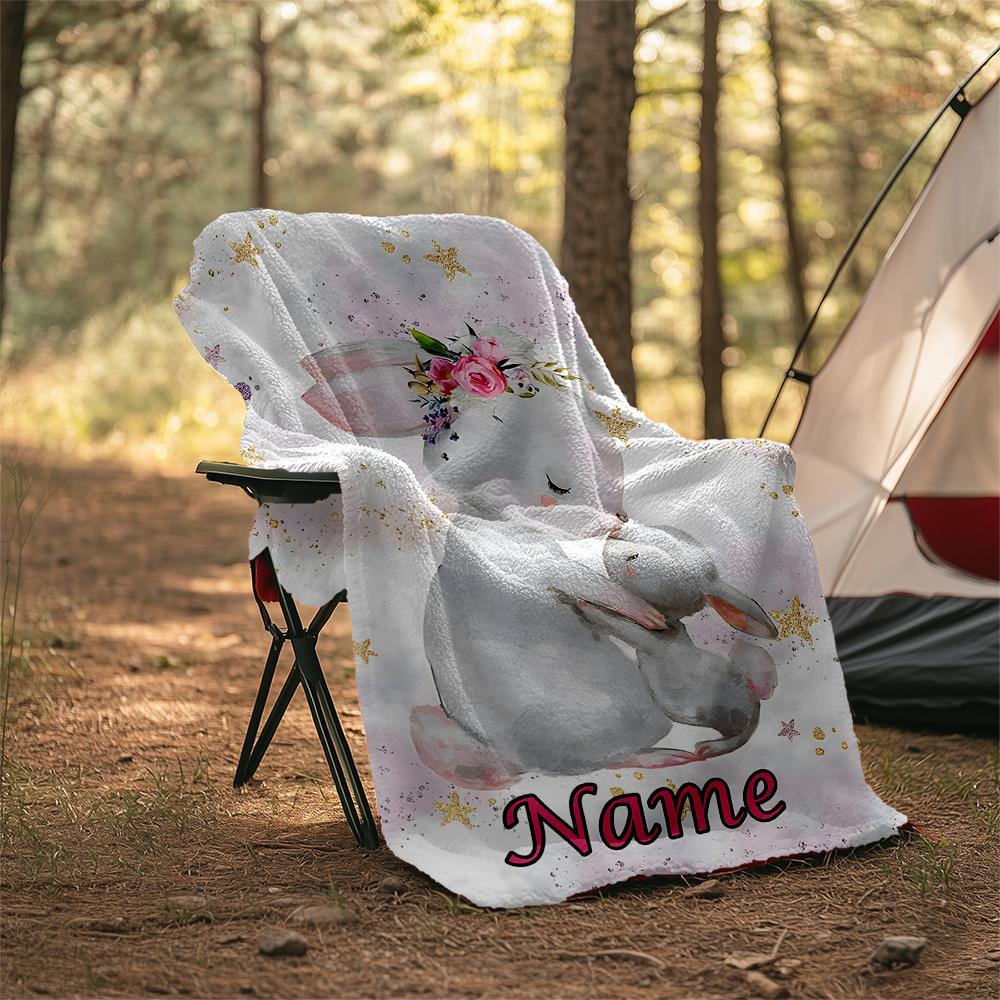 Cute Bunny Embrace Floral Background Design Customizable Outdoor Blanket Customize Text Durable Comfort Throw For Picnics Outdoor Travel And Camping