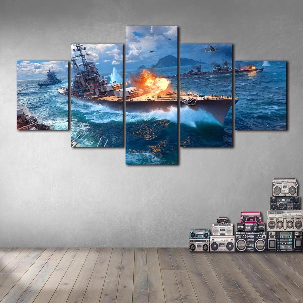 Prints HD Sea View Pictures Modular 5 Pcs World of Warships Poster Canvas Painting Living Room Home Decoration No Frame Wall Art