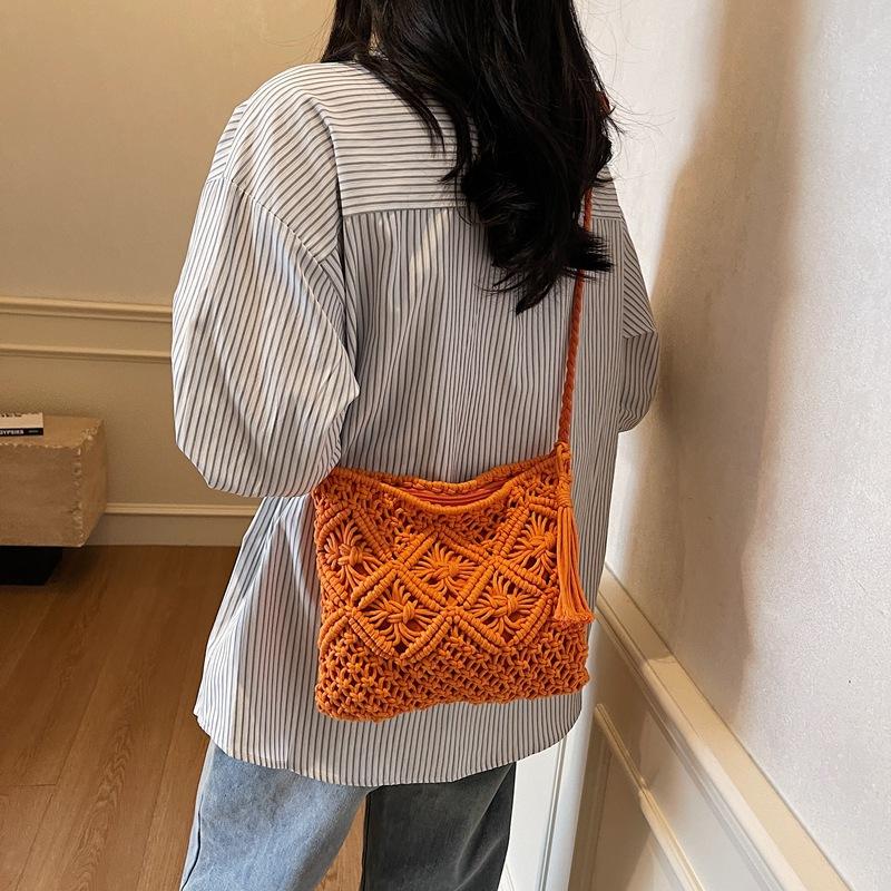 Handmade Cotton Rope Fringed Woven Bag 2025 Summer New Single Shoulder Oblique Span Straw Woven Bag Casual Women's Bag