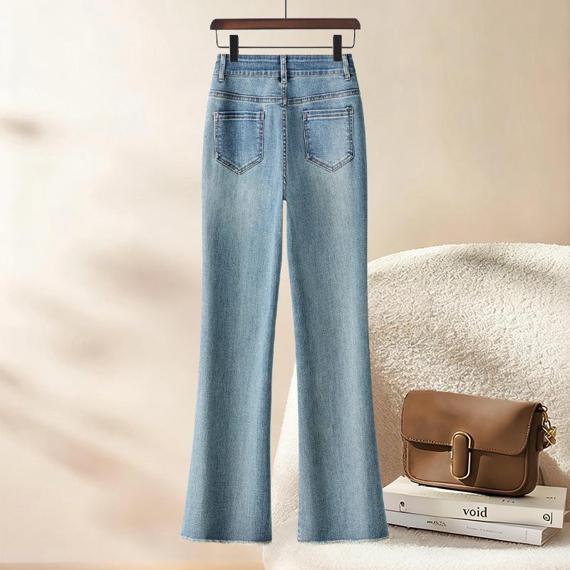 Women's Light Blue Frayed Micro-Flare High-Waisted Jeans for Spring/Autumn 2026 - Slimming Slit Flare Pants