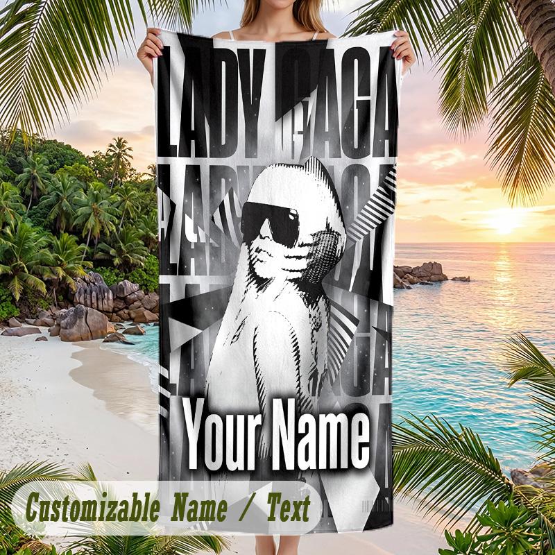 Lady Gaga Beach Towel, Personalized Custom Name Text, Quick Dry Large Absorbent Towel For Beach Pool