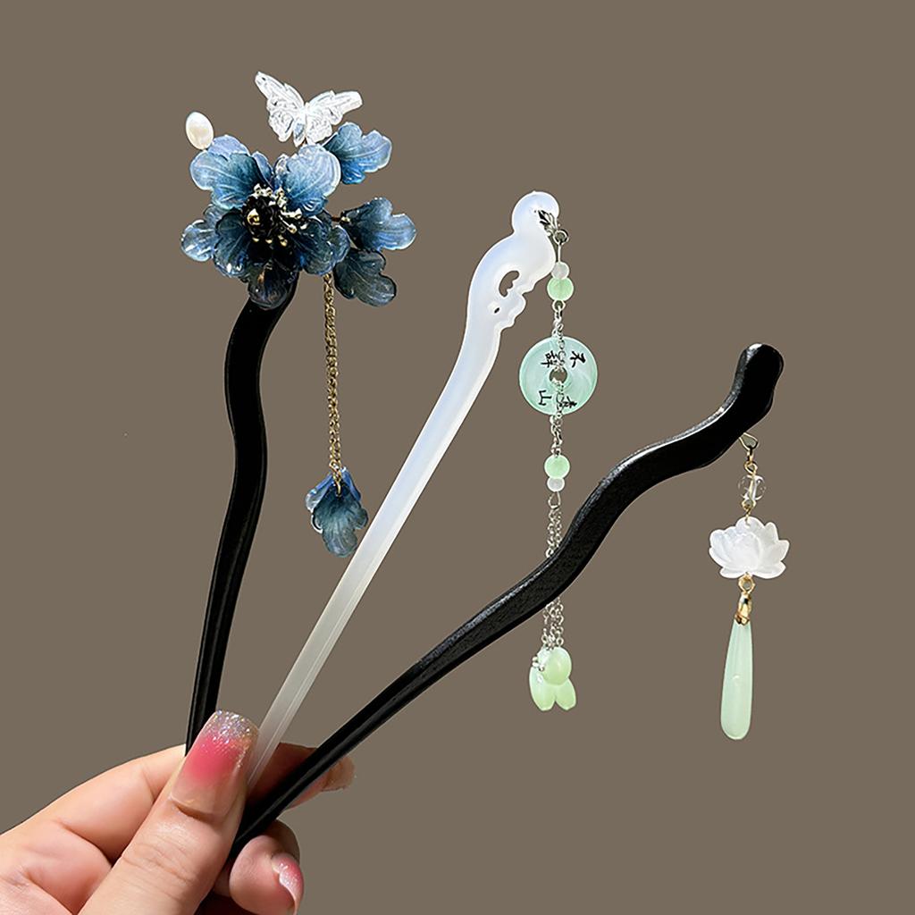 Retro Chinese Style Hair Forks Wooden/Acetate Hair Sticks Flower Hair Pins Pendant Headpieces Floral Hair Bun Maker Jewelry