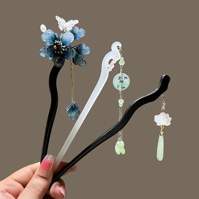 Retro Chinese Style Hair Forks Wooden/Acetate Hair Sticks Flower Hair Pins Pendant Headpieces Floral Hair Bun Maker Jewelry