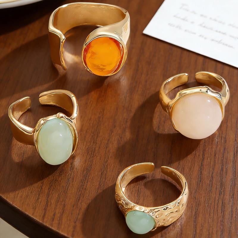 Vintage Trend Colored Resin Geometric Open Ring Set for Women Personality Metal Wrinkling Adjustable Ring Punk Party Jewelry Set