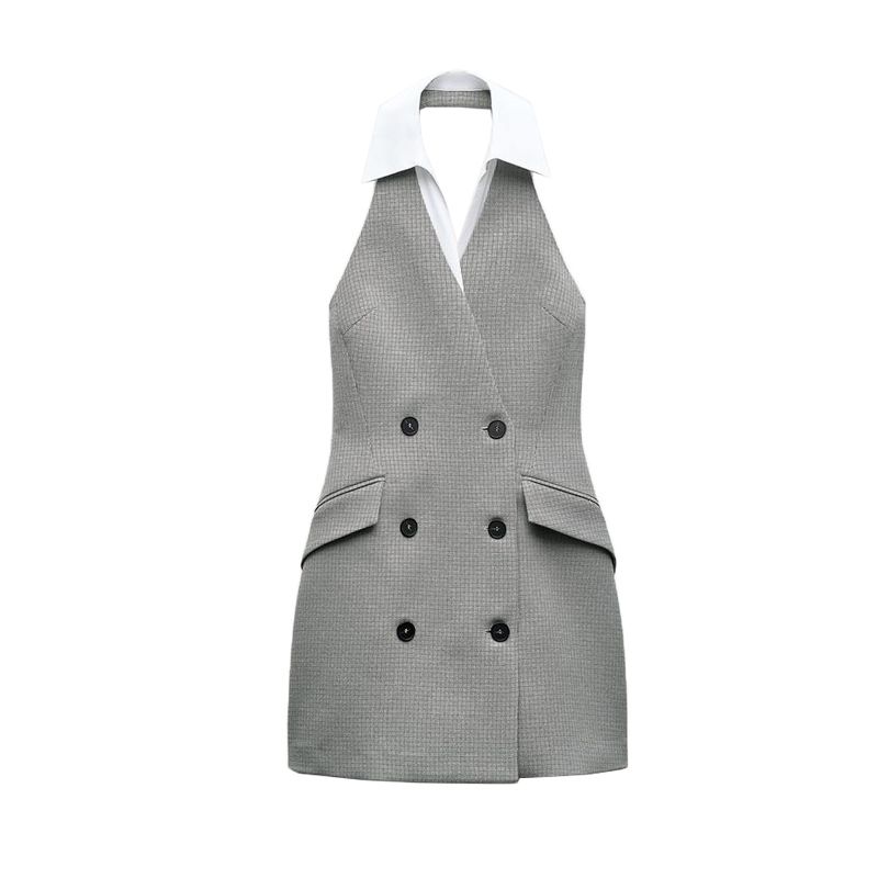 Spring New Arrival American Patchwork Sleeveless Open Back Combination Halterneck Polo Collar Mini Dress 9068589