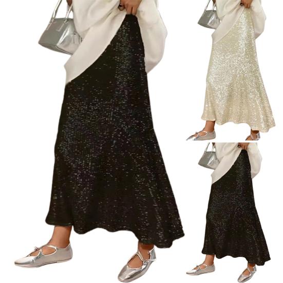 Maxirock für Damen, elastisch, hohe Taille, langer Rock mit Futter, glänzenden Pailletten