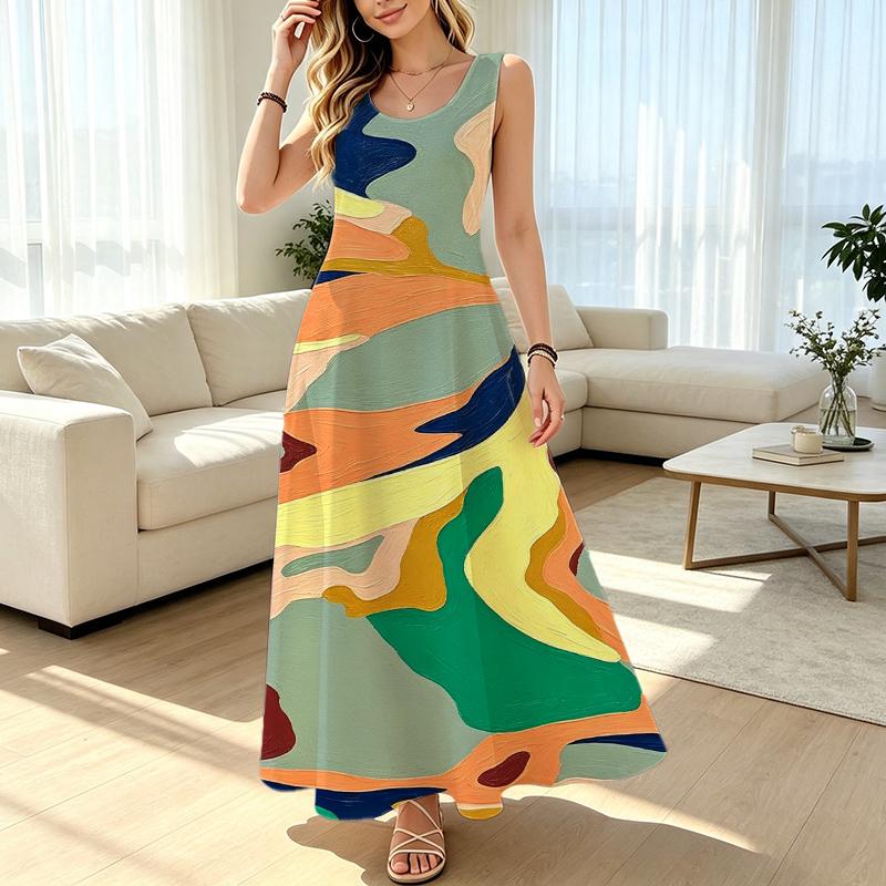Women's Abstract Art Sleeveless Beach Maxi Dress,Loose Lightweight Breathable,Casual Daily & Vacation Versatile Summer Fashion Dress