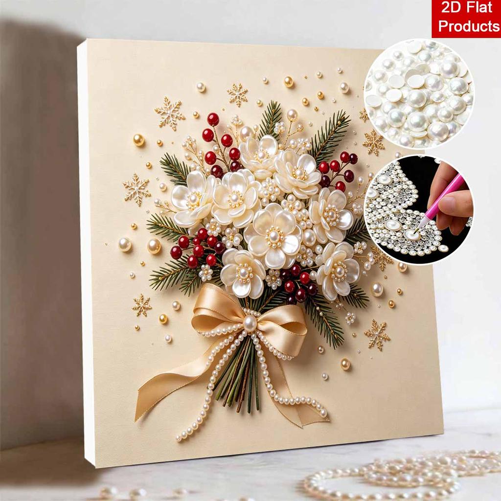 DIY 5D Pearl Painting Kit Framed with White Floral Bouquet and Red Berries Sparkling Bead Canvas Art Creative Gift for Nursery Room Decor