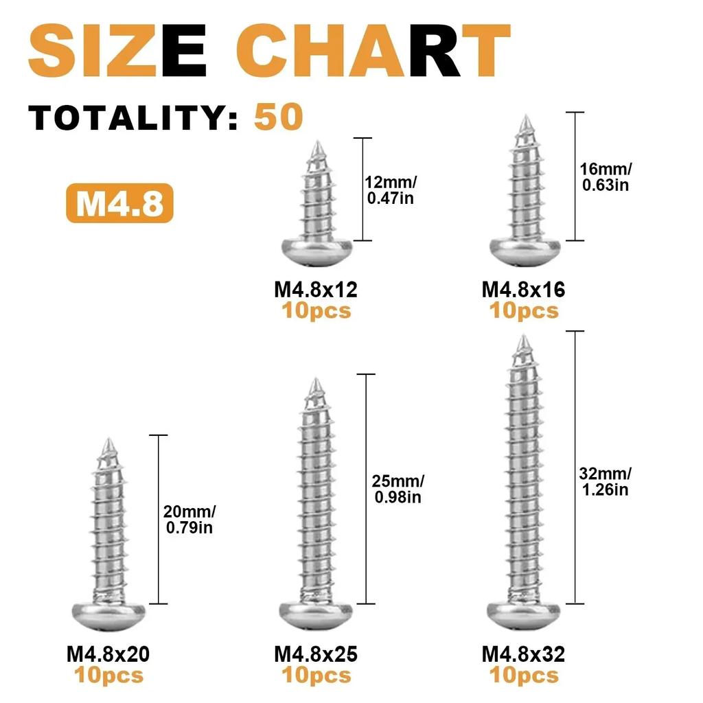 VKKM Stainless Steel Screw Assortment, 50 Pieces, M4.8 Multi-Specifications, Cross Recess Design, Hot-Selling On Platform
