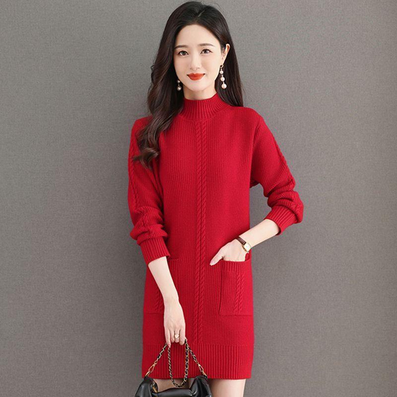 Women's Mid-Length Sweater Dress, Autumn/Winter 2026, Stylish Half-High Neck Inner Layer