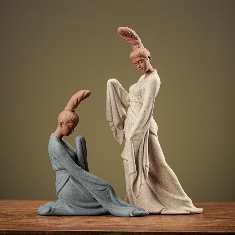 Zen Chinese Ancient Dancing Statue for Women, Beautiful Women Statues, Ceramic, Purple Sand, Tea Room Decorations, Gift