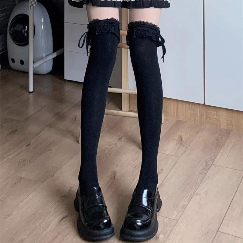 2pcs Ballet Knee High Socks with Bows Lace Top Ruffle Calf Socks Calf Tube Socks