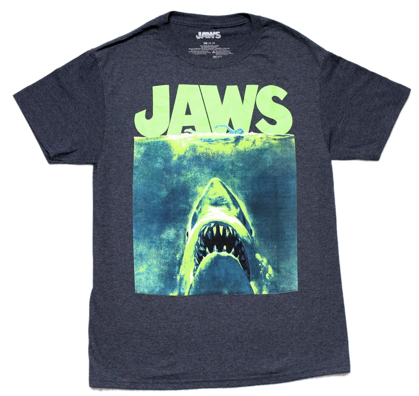 Jaws Neon Green Movie Poster New Adult T-Shirt - Swimmer & Jaws Under Name XXXXL