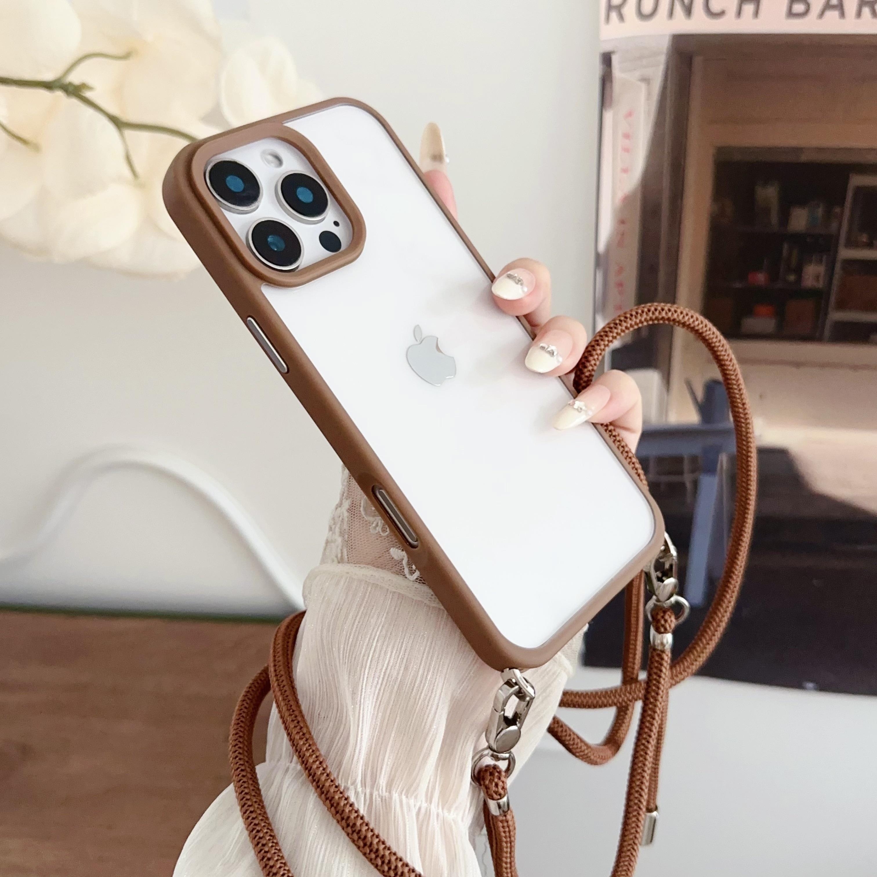 

For iPhone 16 Pro Case TPU+PC Crystal Clear Back Cover with Lanyard Brown