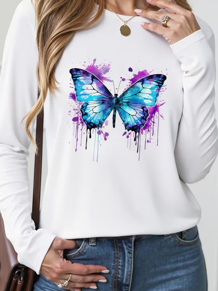 (Asian Size) Sweet Butterfly Trend Cute T Shirt Tee Lady Printed O-neck Women Female Clothing Casual Fashion Top Long Sleeve Graphic T-shirts