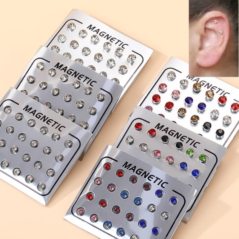 Magnetic Fake Earring Studs No Piercing Round Classic Crystal 4/5/6MM for Business Casual Occasion Wear