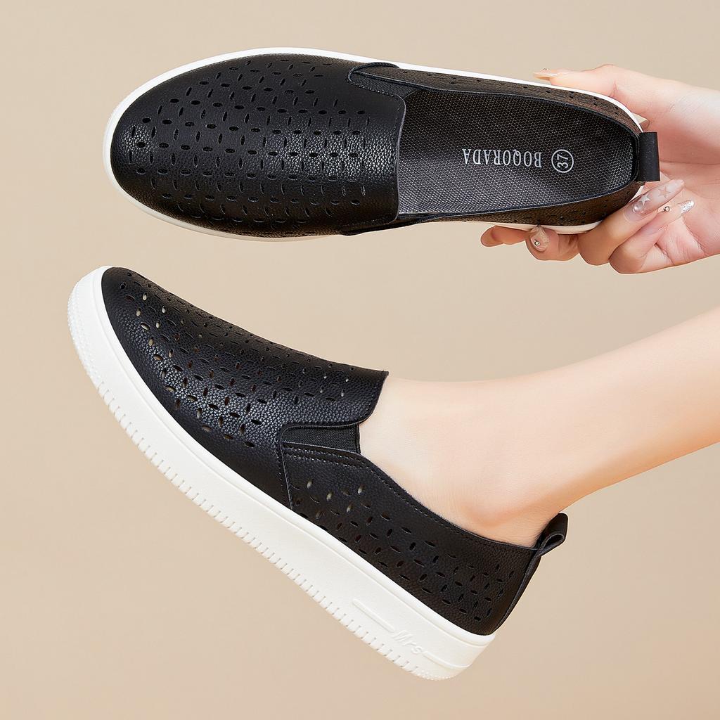 Summer Cutout Walking Shoes for Women Platform Slip On PU Leather Loafers Dress Shoes Hollow Breathable Sneakers Women's Casual Office Work Sneakers