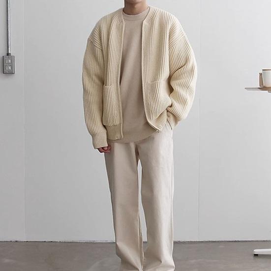 Men Autumn Winter Solid Color Cardigan Coat Collarless Long Sleeve Zipper Placket