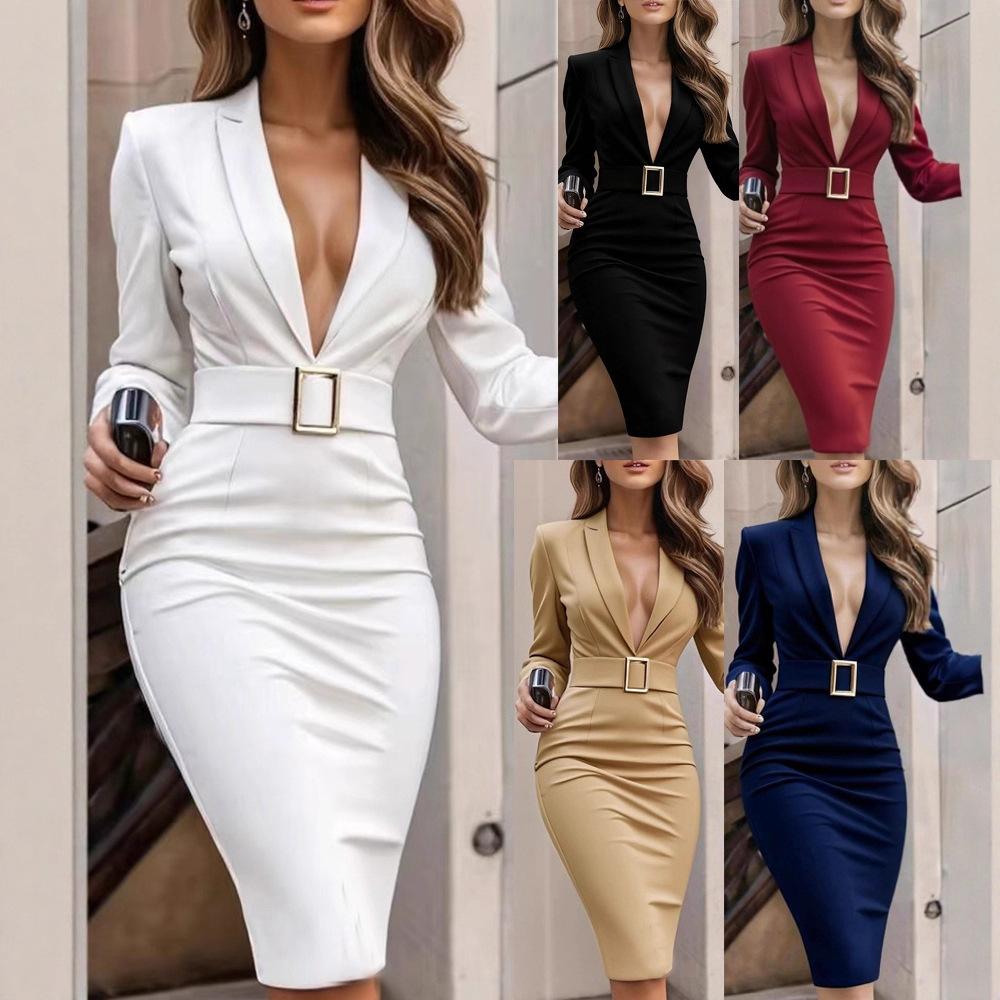 Spring Autumn Women's Blazer Dress, Belted Waist Slim Fit Office Dress with Long Sleeves, Elegant Sexy Work Dress for Commute Wear