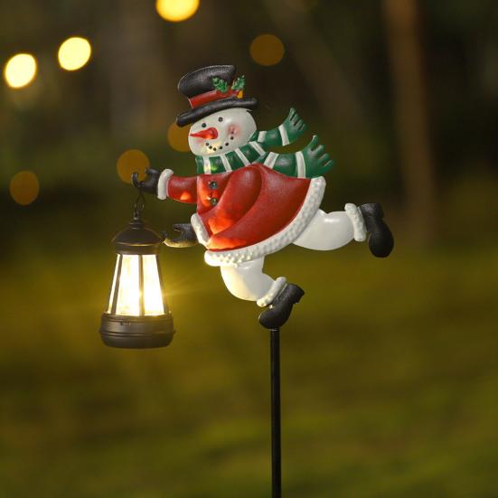 Christmas Solar Light Outdoor Snowman Lawn Light Waterproof Metal Snowman Holding Lantern Garden Light with Stake for Patio Yard Pathway Holiday Decor