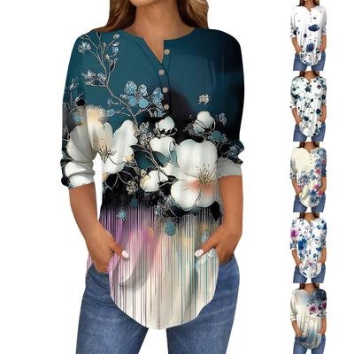 Women's Fashion Loose Button Collar Print 3/43/4  Sleeve T-Shirt Tops Pullover