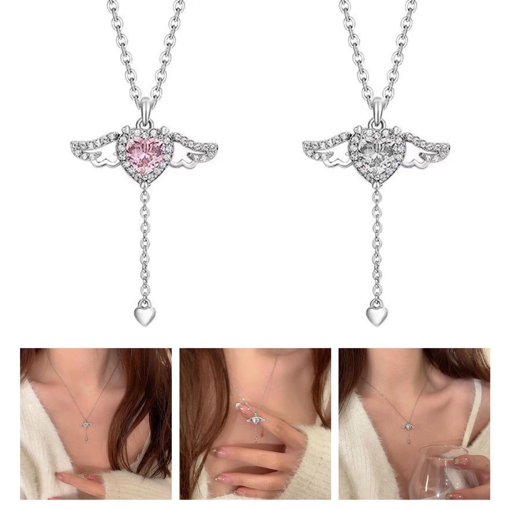 Y2K Crystal Zircon Heart Pendant Necklace Angel Wing Elegant Clavicle Chain