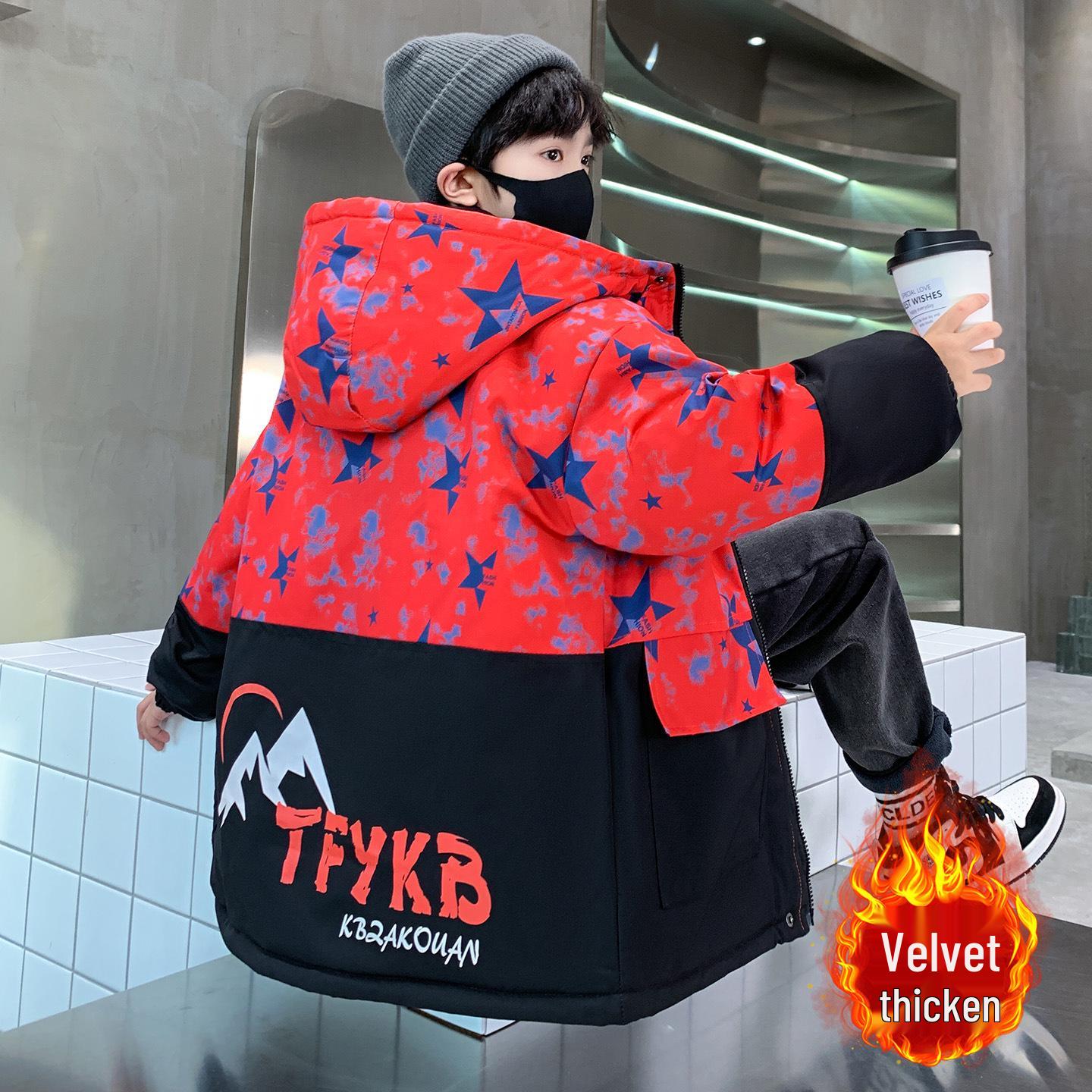 

Boys 2025 Autumn/Winter Velvet Thickened Windbreaker Parka 160cm, suitable for ~150cm height червоний