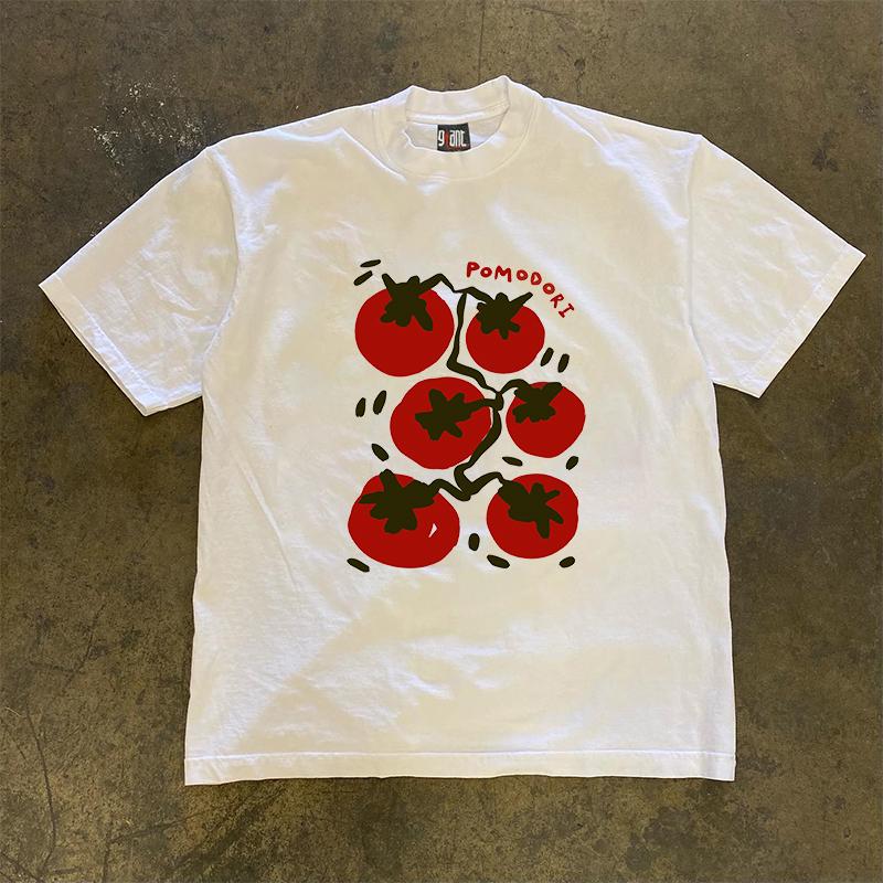 2024 New Pure CottonInteresting Tomato Print Super Elastic Casual Short-Sleeved Men's Daily 100% Cotton Loose Tops Breathable