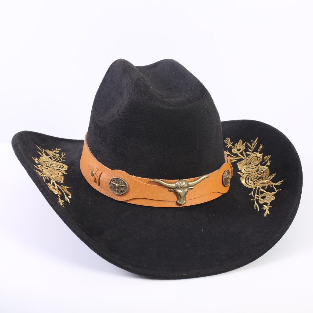 Popular European and American Classic Suede Western Cowboy Hat Men's and Women's Big Brim Embroidered Outdoor Sun Hat