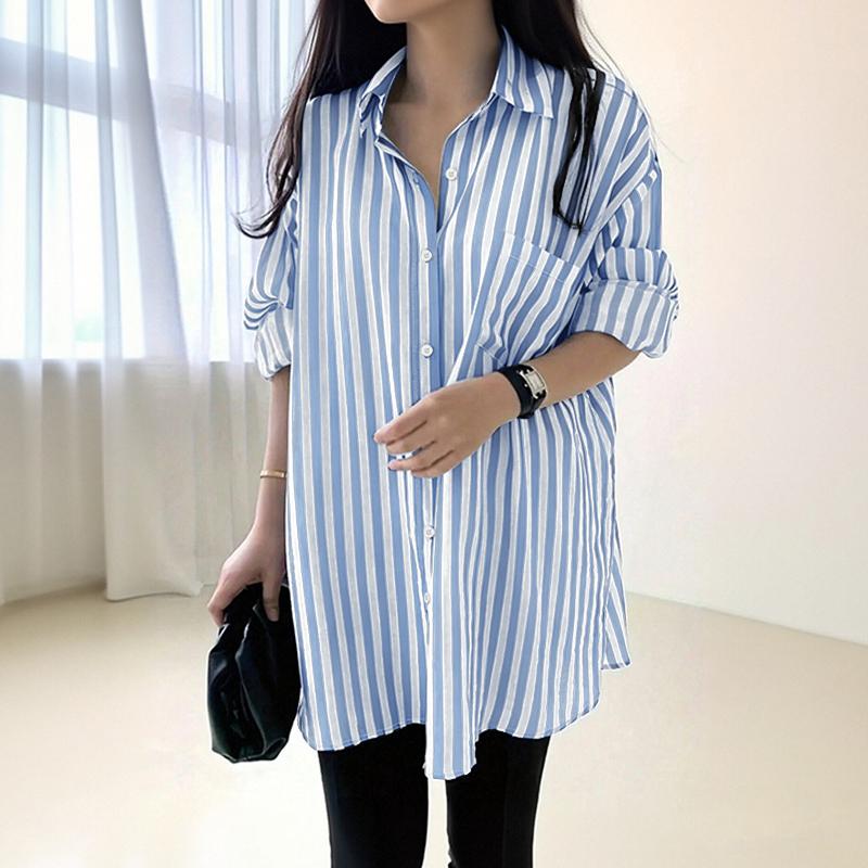 ZANZEA Women Turn Down Collar Long Sleeve Stripe Blouse