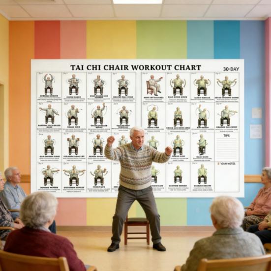 Tableau d'exercices de Tai Chi sur chaise pour seniors Plan d'exercices structuré de 30 jours avec Tai Chi assis et exercices de marche
